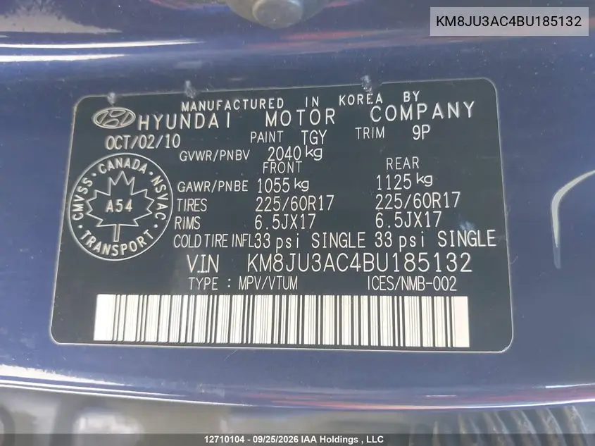 2011 HYUNDAI TUCSON VIN KM8JU3AC4BU185132 — фото 9