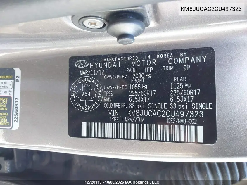 2012 HYUNDAI TUCSON VIN KM8JUCAC2CU497323 — фото 9