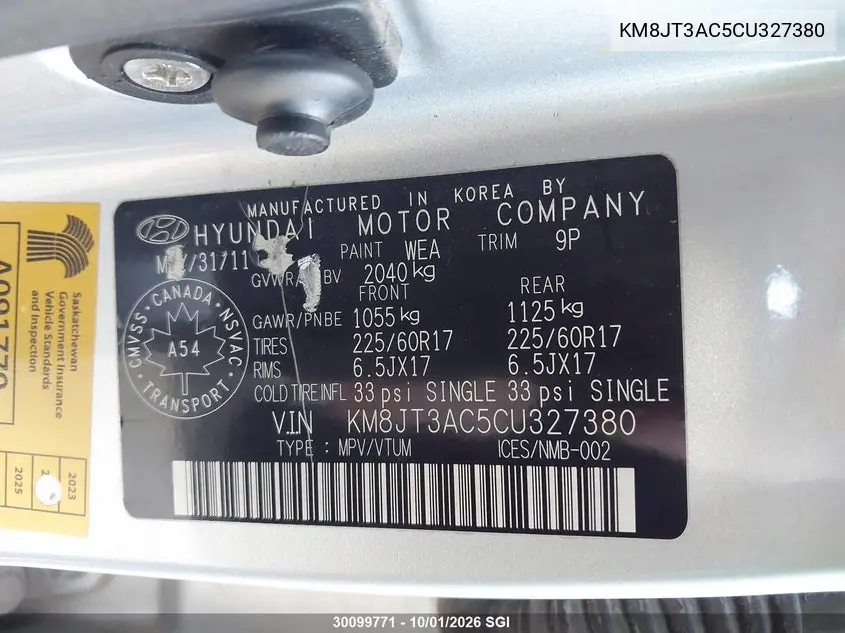 2012 HYUNDAI TUCSON VIN KM8JT3AC5CU327380 — фото 9
