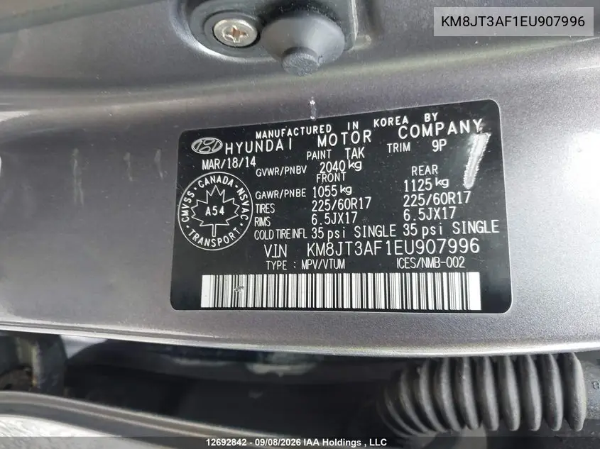 2014 HYUNDAI TUCSON VIN KM8JT3AF1EU907996 — фото 9