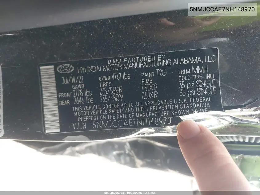 2022 HYUNDAI TUCSON VIN 5NMJCCAE7NH148970 — фото 9