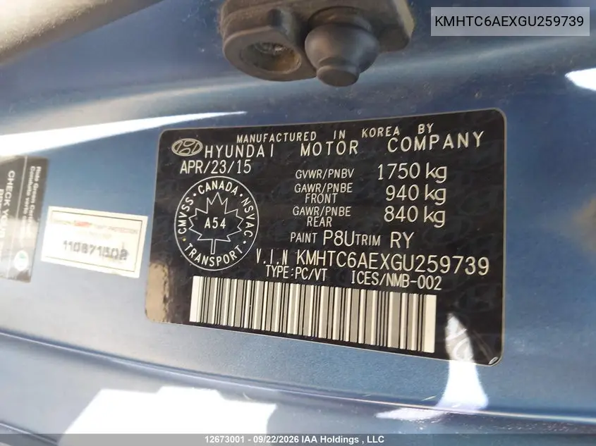 2016 HYUNDAI VELOSTER VIN KMHTC6AEXGU259739 — фото 9