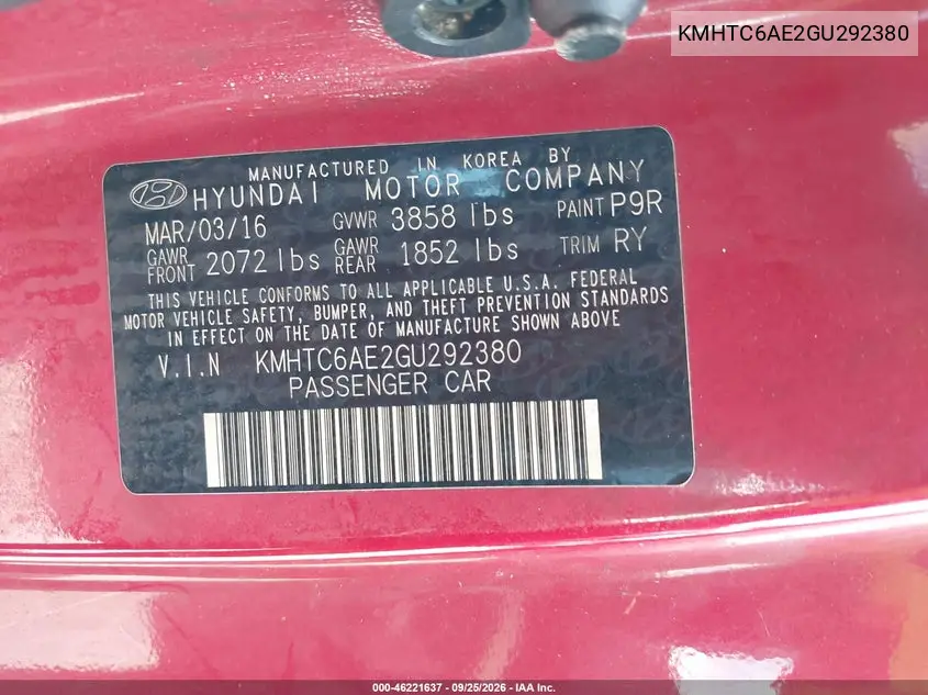 2016 HYUNDAI VELOSTER VIN KMHTC6AE2GU292380 — фото 9