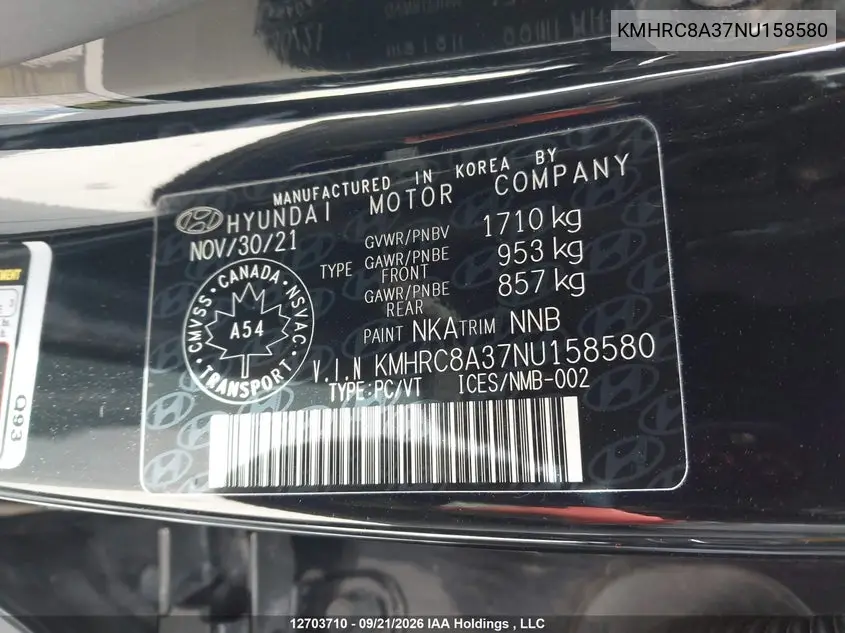 2022 HYUNDAI VENUE VIN KMHRC8A37NU158580 — фото 9