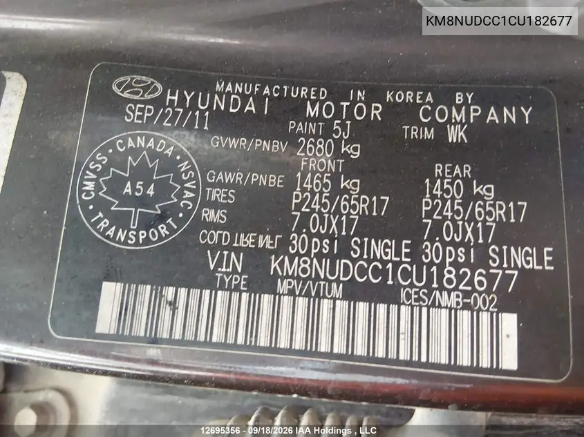 2012 HYUNDAI VERACRUZ VIN KM8NUDCC1CU182677 — фото 9
