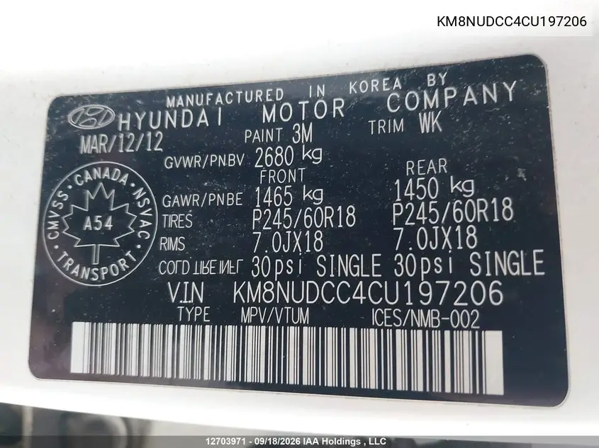 2012 HYUNDAI VERACRUZ VIN KM8NUDCC4CU197206 — фото 9