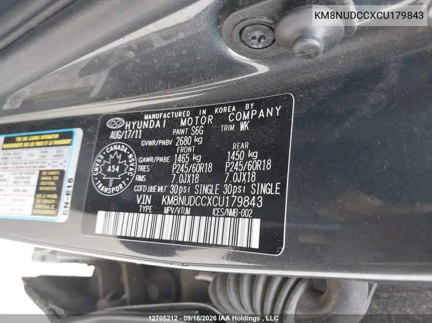 2012 HYUNDAI VERACRUZ VIN KM8NUDCCXCU179843 — фото 9