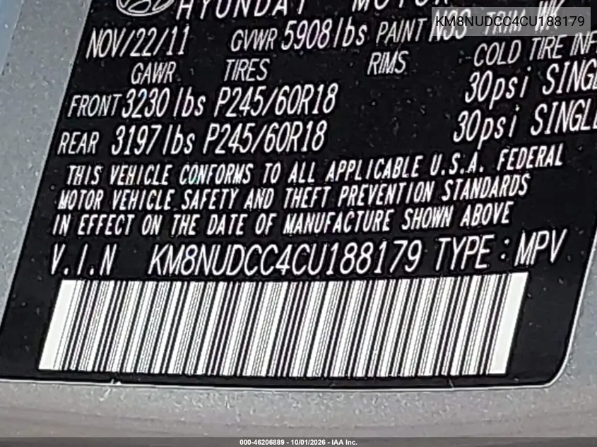 2012 HYUNDAI VERACRUZ VIN KM8NUDCC4CU188179 — фото 9