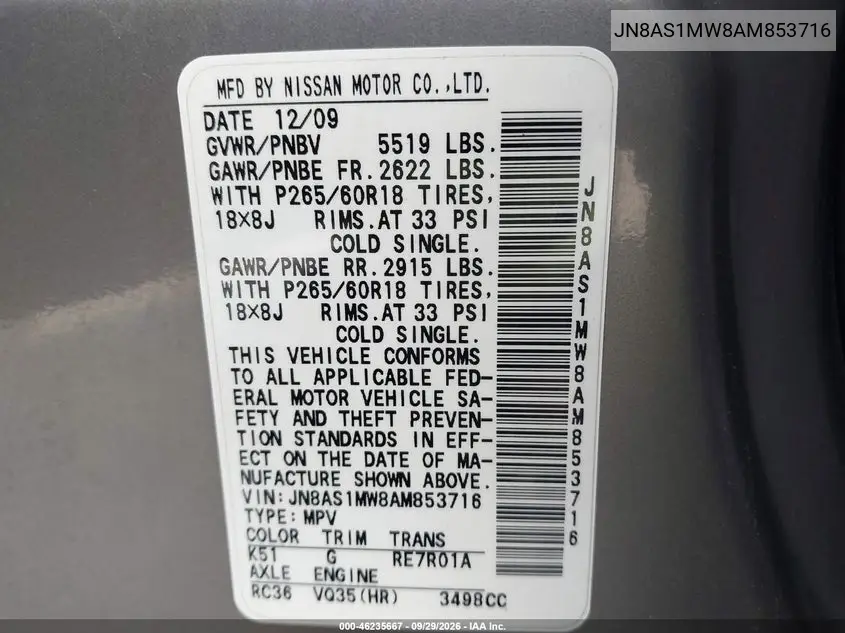 2010 INFINITI FX VIN JN8AS1MW8AM853716 — фото 9