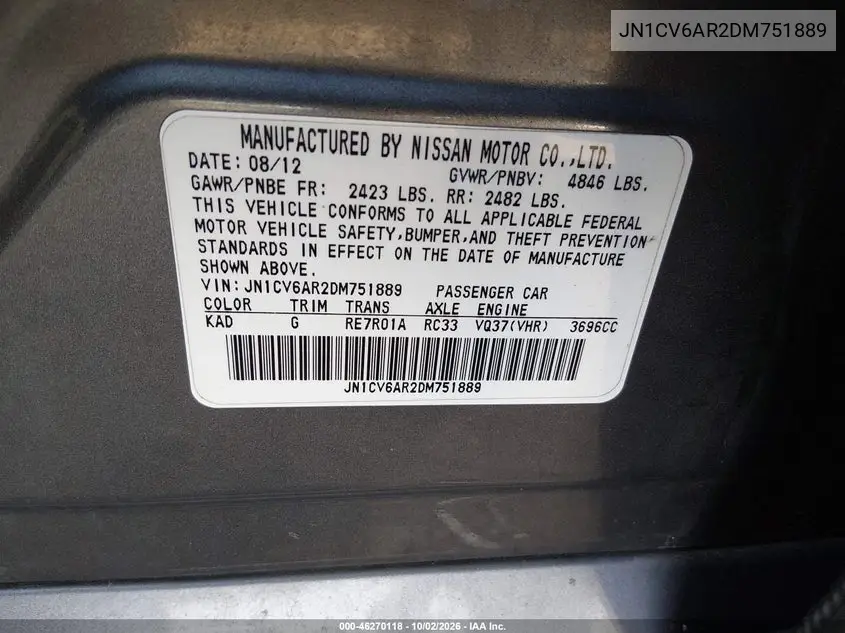 2013 INFINITI G VIN JN1CV6AR2DM751889 — фото 9