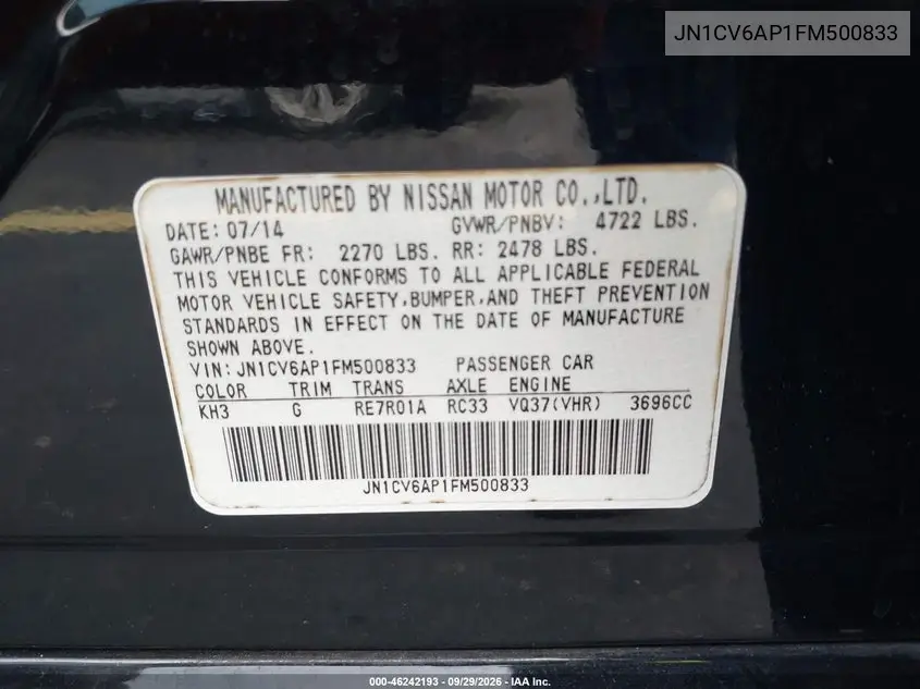 2015 INFINITI Q40 VIN JN1CV6AP1FM500833 — фото 9