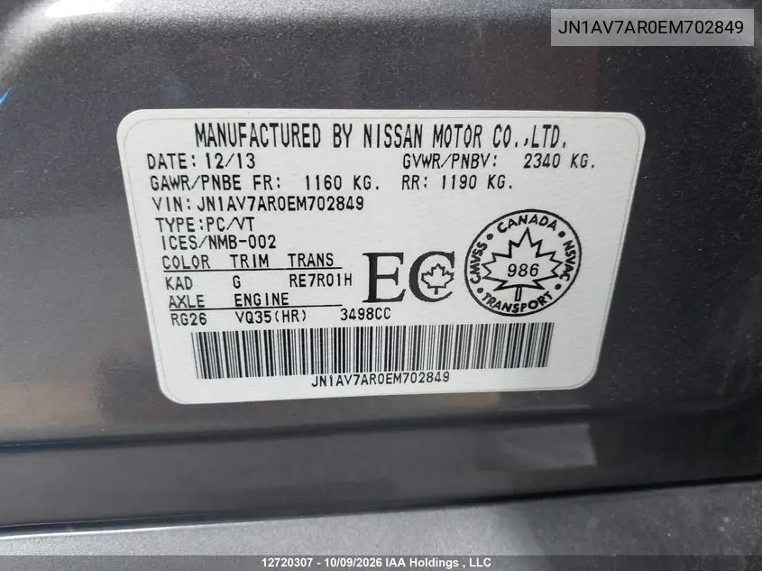 2014 INFINITI Q50 VIN JN1AV7AR0EM702849 — фото 19