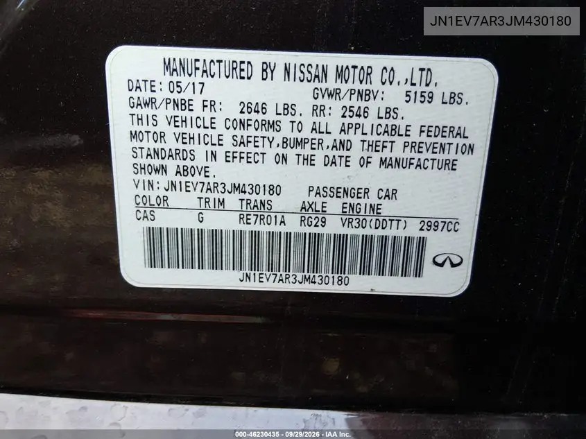 2018 INFINITI Q50 VIN JN1EV7AR3JM430180 — фото 9