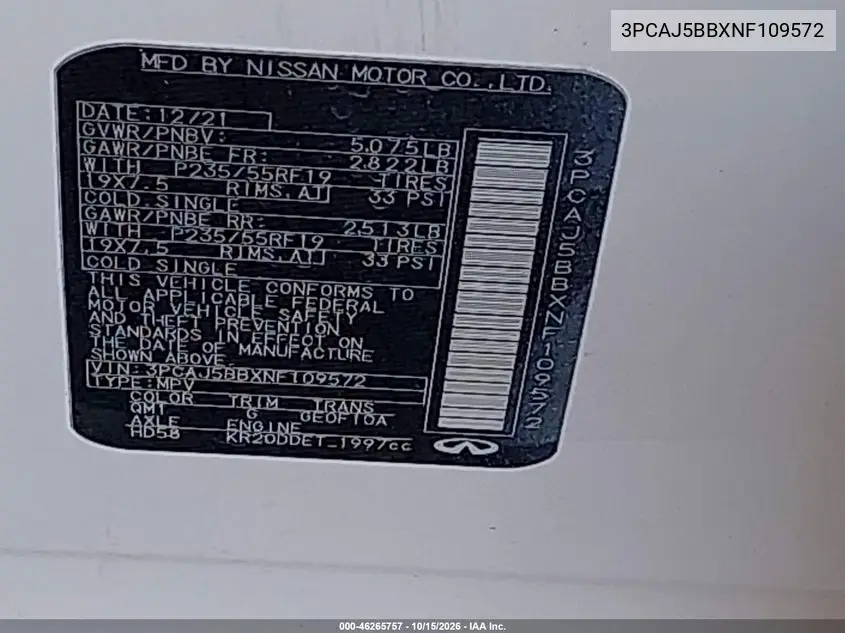 2022 INFINITI QX50 VIN 3PCAJ5BBXNF109572 — фото 9