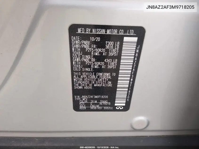 2021 INFINITI QX80 VIN JN8AZ2AF3M9718205 — фото 9