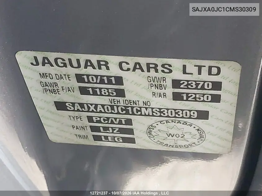 2012 JAGUAR XF VIN SAJXA0JC1CMS30309 — фото 18
