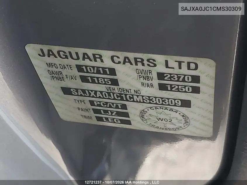 2012 JAGUAR XF VIN SAJXA0JC1CMS30309 — фото 9