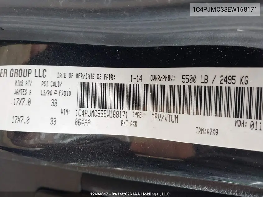 2014 JEEP CHEROKEE VIN 1C4PJMCS3EW168171 — фото 9