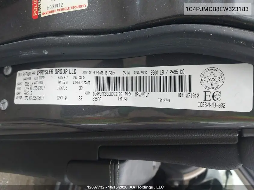 2014 JEEP CHEROKEE VIN 1C4PJMCB8EW323183 — фото 9
