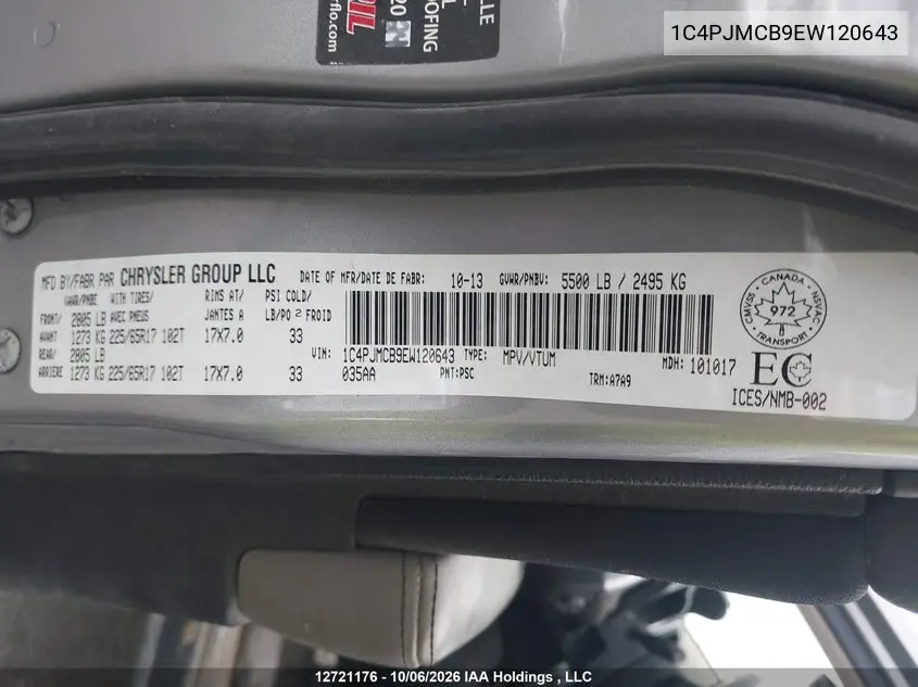 2014 JEEP CHEROKEE VIN 1C4PJMCB9EW120643 — фото 9