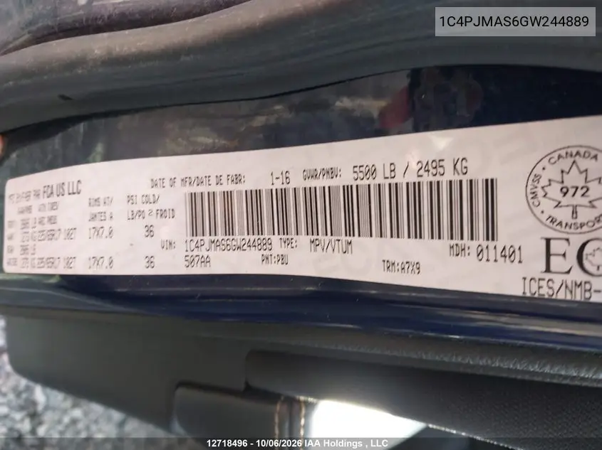2016 JEEP CHEROKEE VIN 1C4PJMAS6GW244889 — фото 9