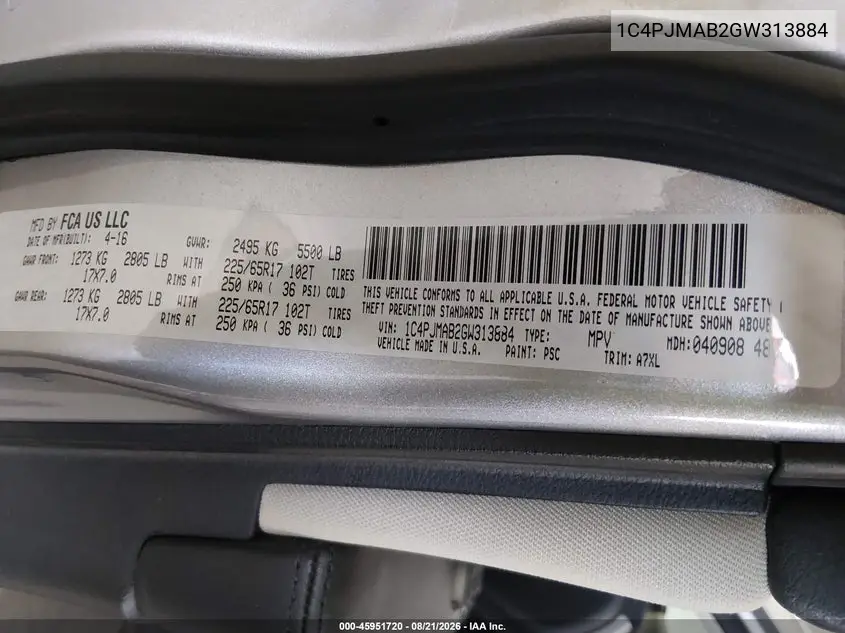 2016 JEEP CHEROKEE VIN 1C4PJMAB2GW313884 — фото 9