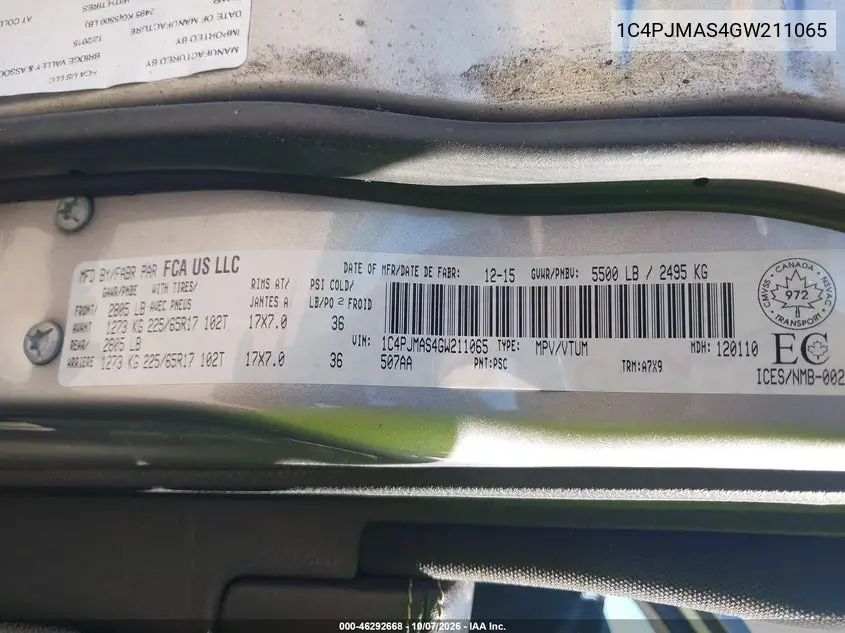2016 JEEP CHEROKEE VIN 1C4PJMAS4GW211065 — фото 9