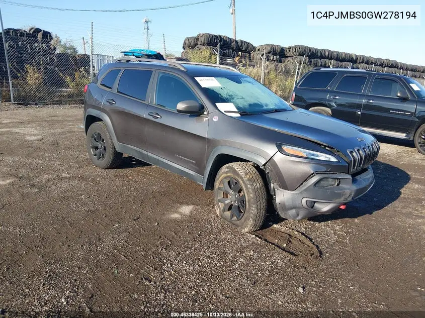 JEEP CHEROKEE 2016, VIN 1C4PJMBS0GW278194