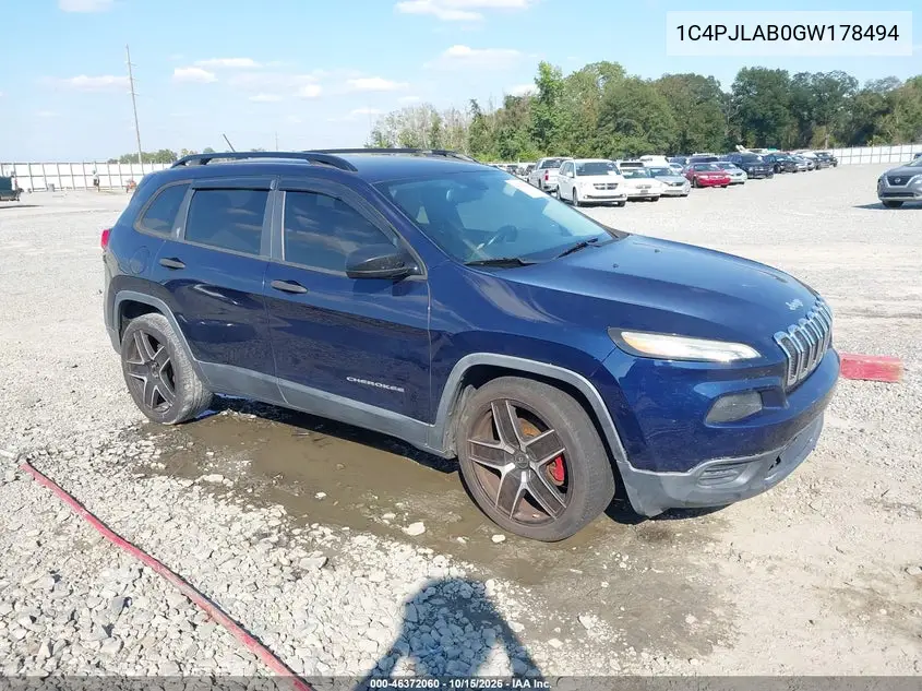 JEEP CHEROKEE 2016, VIN 1C4PJLAB0GW178494