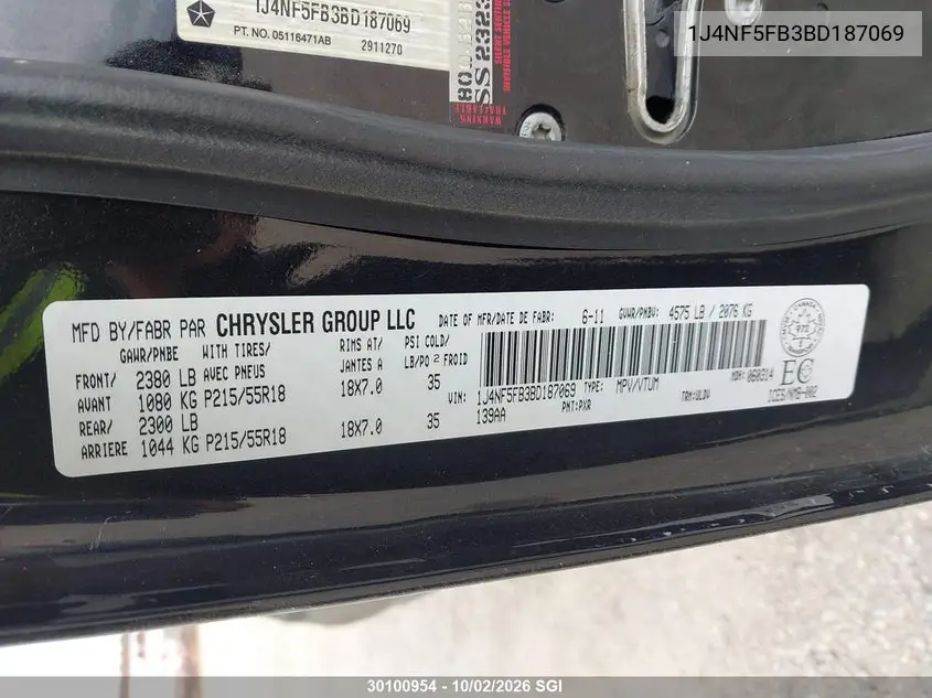 2011 JEEP COMPASS VIN 1J4NF5FB3BD187069 — фото 9