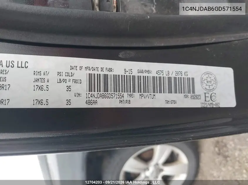 2016 JEEP COMPASS VIN 1C4NJDAB6GD571554 — фото 9