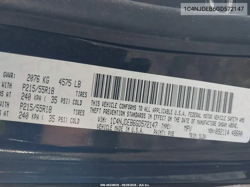 2016 JEEP COMPASS VIN 1C4NJDEB6GD572147 — фото 9