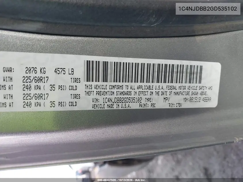 2016 JEEP COMPASS VIN 1C4NJDBB2GD535102 — фото 9