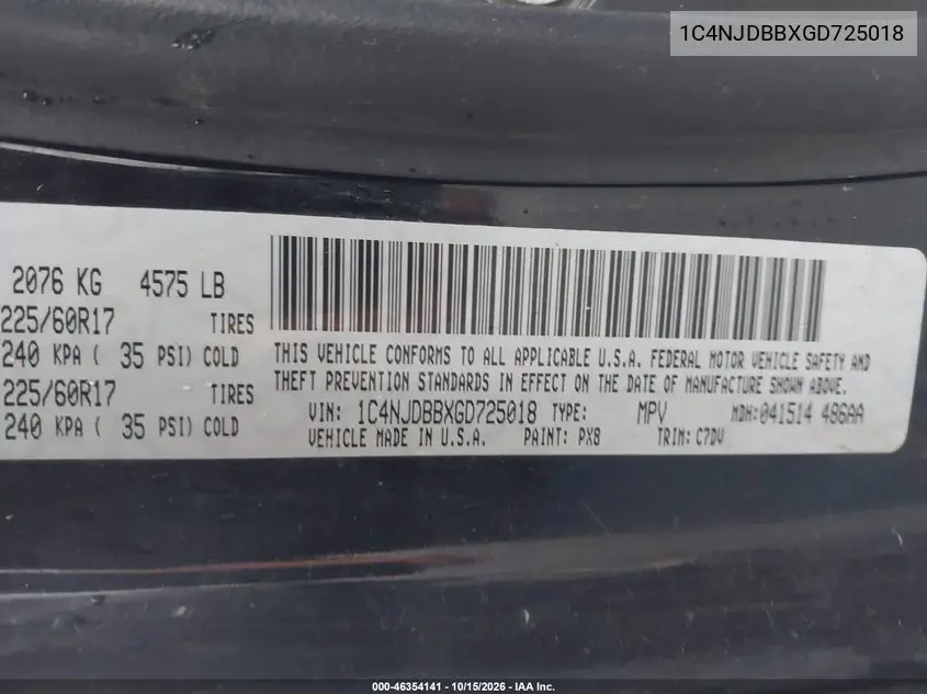 2016 JEEP COMPASS VIN 1C4NJDBBXGD725018 — фото 9