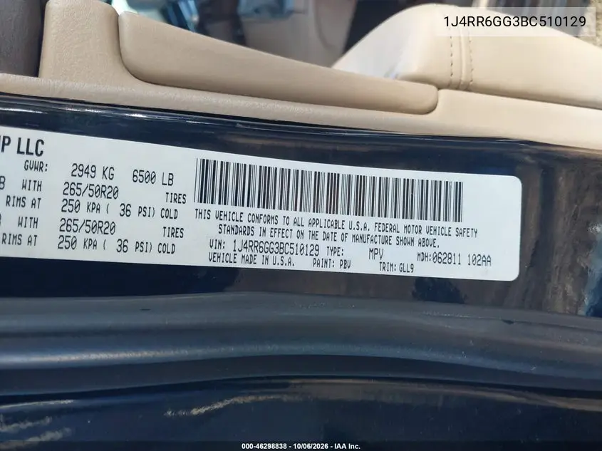 2011 JEEP GRAND CHEROKEE VIN 1J4RR6GG3BC510129 — фото 9