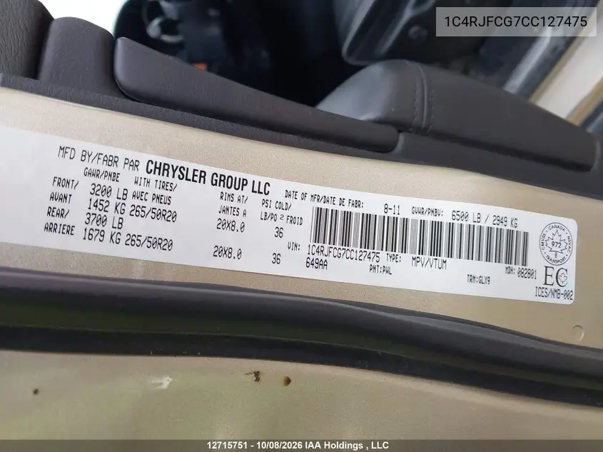 2012 JEEP GRAND CHEROKEE VIN 1C4RJFCG7CC127475 — фото 18