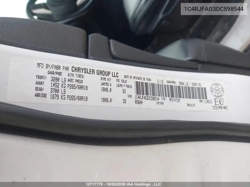 2013 JEEP GRAND CHEROKEE VIN 1C4RJFAG3DC598544 — фото 18