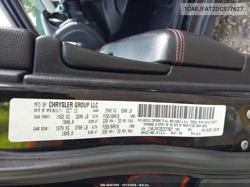 2013 JEEP GRAND CHEROKEE VIN 1C4RJFAT2DC577827 — фото 9