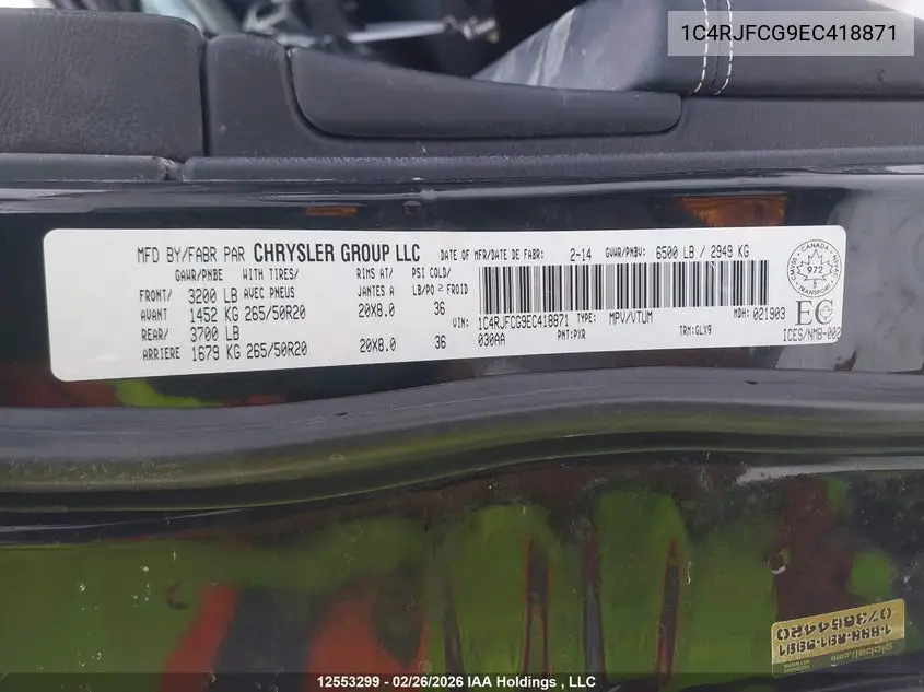 2014 JEEP GRAND CHEROKEE VIN 1C4RJFCG9EC418871 — фото 9