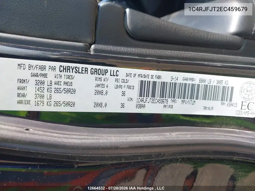 2014 JEEP GRAND CHEROKEE VIN 1C4RJFJT2EC459679 — фото 20