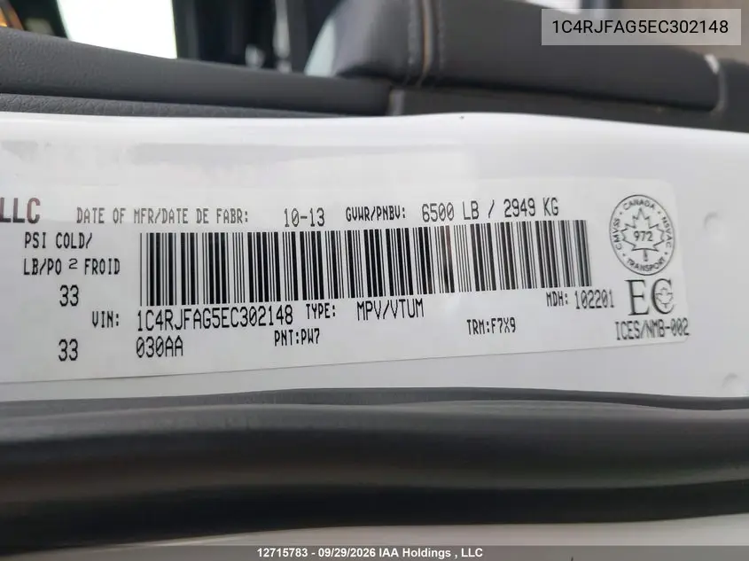 2014 JEEP GRAND CHEROKEE VIN 1C4RJFAG5EC302148 — фото 9