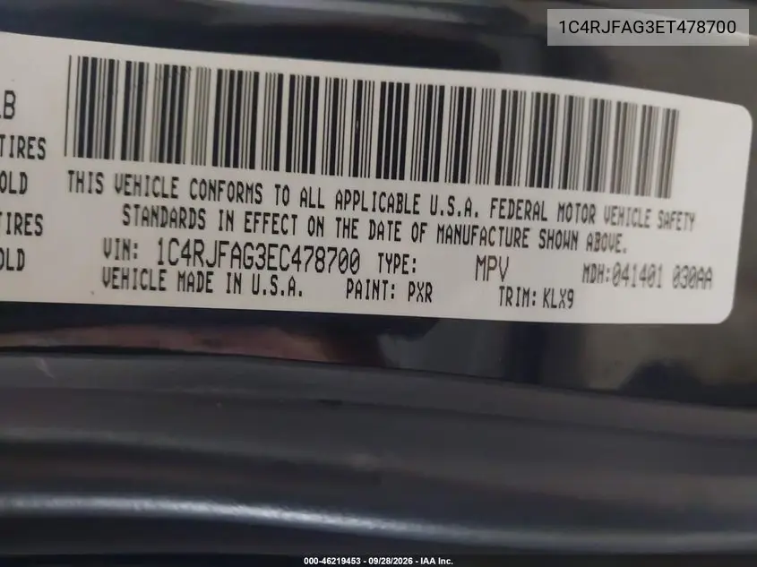 2014 JEEP GRAND CHEROKEE VIN 1C4RJFAG3EC478700 — фото 9