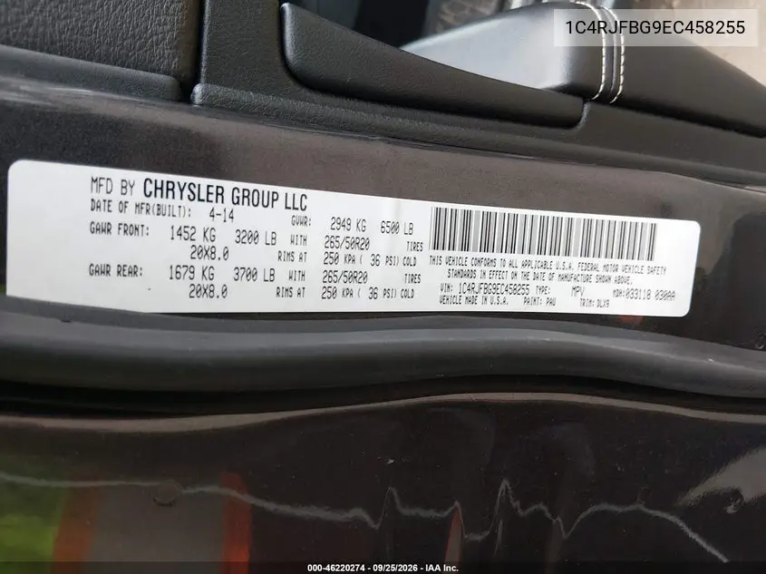 2014 JEEP GRAND CHEROKEE VIN 1C4RJFBG9EC458255 — фото 9
