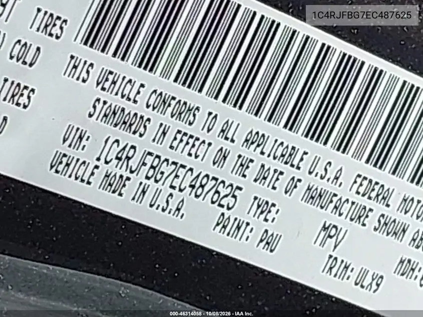 2014 JEEP GRAND CHEROKEE VIN 1C4RJFBG7EC487625 — фото 9
