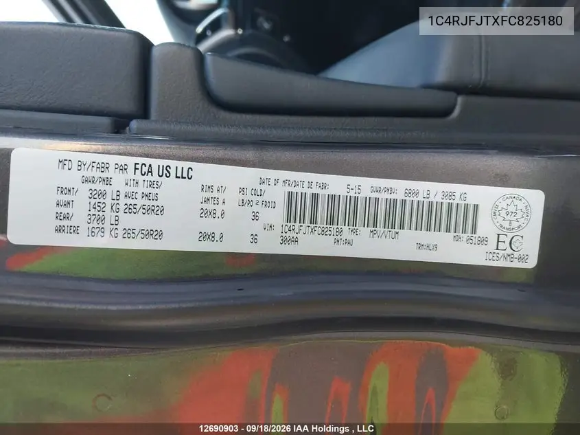 2015 JEEP GRAND CHEROKEE VIN 1C4RJFJTXFC825180 — фото 19