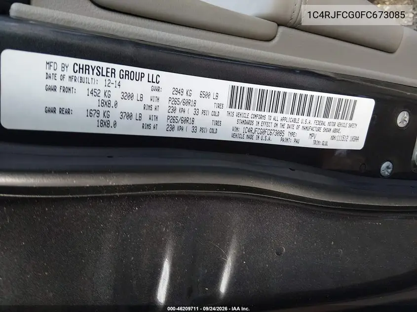 2015 JEEP GRAND CHEROKEE VIN 1C4RJFCG0FC673085 — фото 9