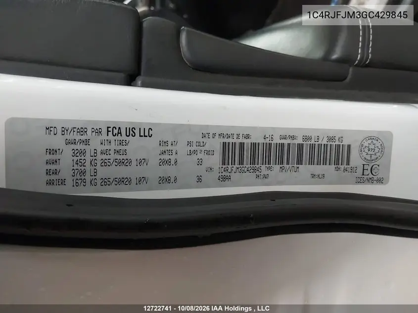 2016 JEEP GRAND CHEROKEE VIN 1C4RJFJM3GC429845 — фото 9