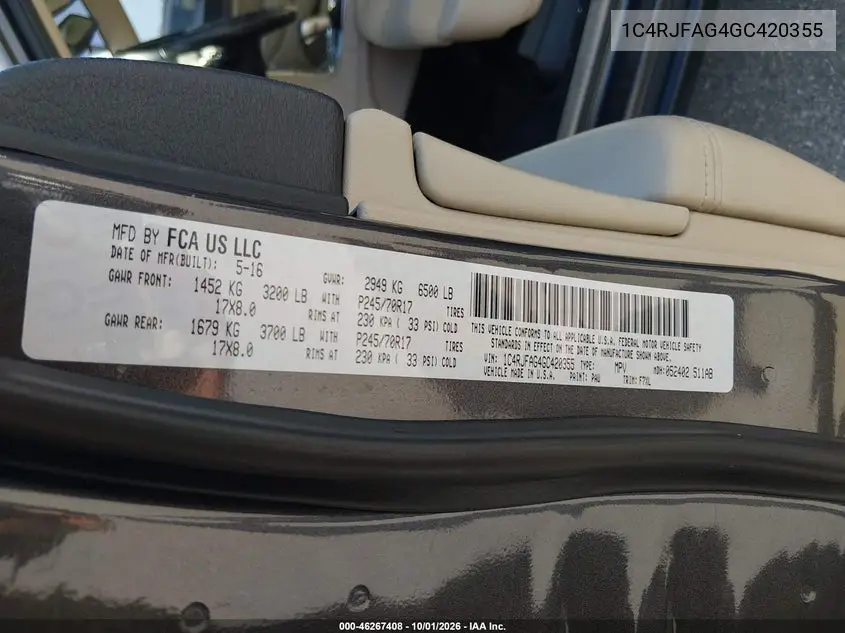 2016 JEEP GRAND CHEROKEE VIN 1C4RJFAG4GC420355 — фото 9