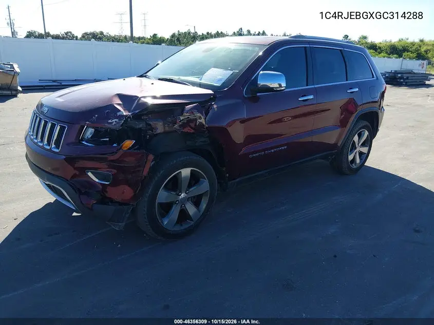 2016 JEEP GRAND CHEROKEE VIN 1C4RJEBGXGC314288 — фото 2