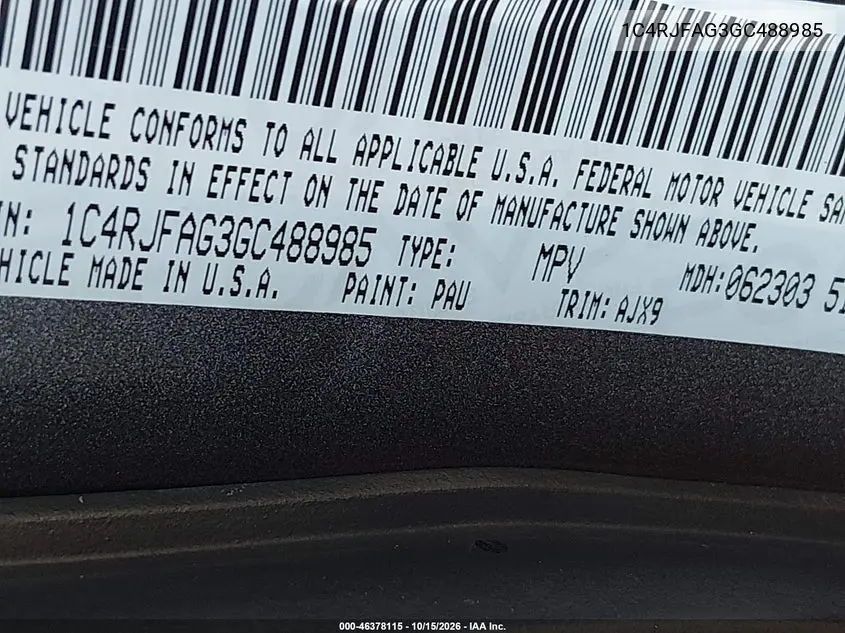 2016 JEEP GRAND CHEROKEE VIN 1C4RJFAG3GC488985 — фото 9